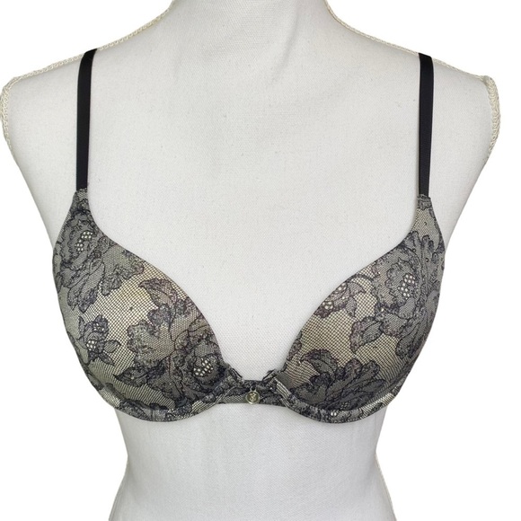 Victorias Secret Bra 34A Lace Demi Padded Push Up Rhinestones Sparkle Black - Picture 1 of 9